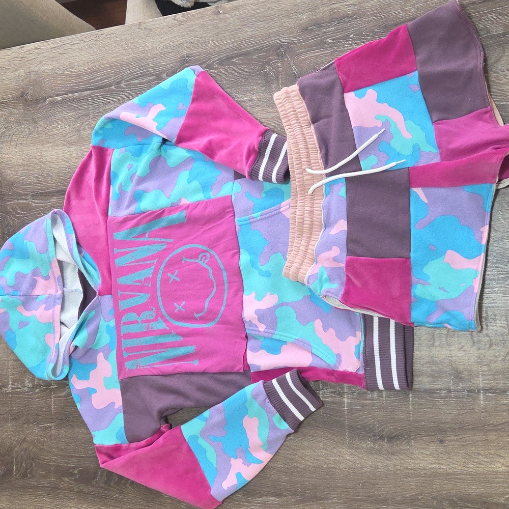 Upcycled Patchwork NIRVANA Pink and Blue Camo Mixed Hoodie & Shorts Set 1 Of 1